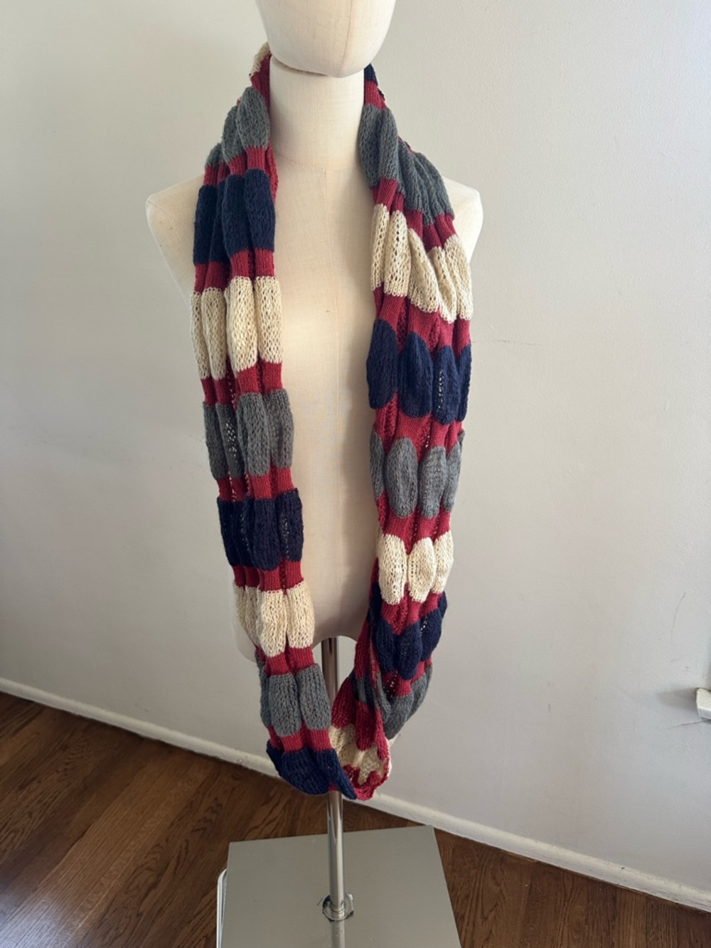 Striped Knit Infinity Scarf in Navy, Burgundy, Gray & Cream